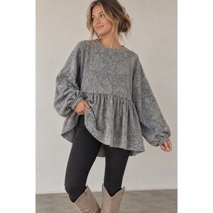 Karlie Womens Grey Snakeskin Print Peplum Oversized Top Puff Sleeve Size L